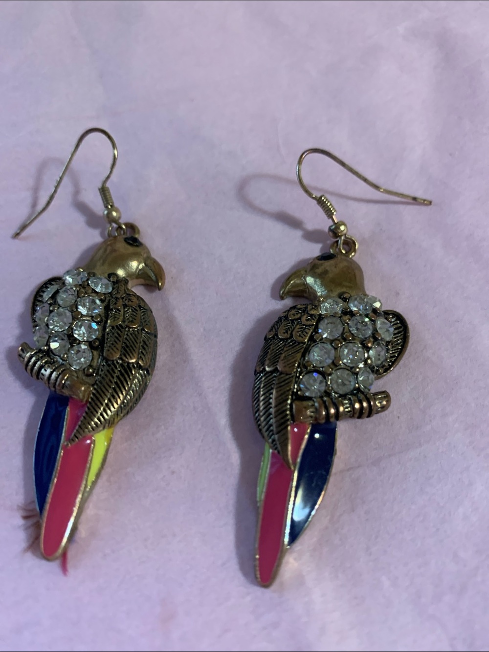 Gold-Tone Parrot Drop Earrings with Pink, Blue & Yellow Accents